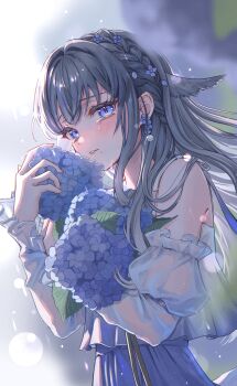 Rule 34 | 1girl, absurdres, bare shoulders, black hair, blue eyes, blue flower, blue skirt, blue theme, blurry, blurry background, blush, bouquet, braid, commentary request, crying, crying with eyes open, detached sleeves, dress, earrings, flower, flower earrings, grey hair, hair flower, hair intakes, hair ornament, highres, holding, holding bouquet, holding flower, hydrangea, jewelry, long hair, long sleeves, looking at viewer, mole, mole under mouth, original, parted lips, rain, satori suzuha, skirt, solo, tears, upper body
