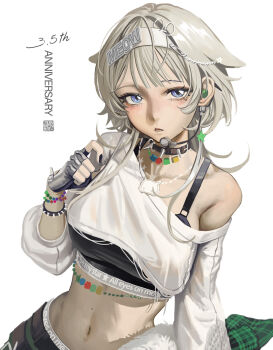 1girl black_gloves black_sports_bra blonde_hair blue_eyes breasts choker fingerless_gloves gloves goddess_of_victory:_nikke hair_ears headband headset highres idol junwen_lululu looking_at_viewer navel parted_lips prika_(nikke) shirt single_off_shoulder solo spiked_choker spikes sports_bra white_background white_headband white_shirt