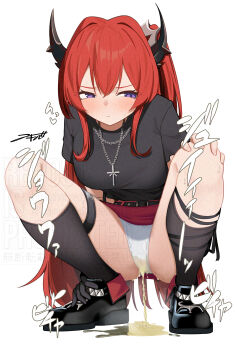 1girl absurdres adversarial_noise akinoji_(akiponpon27) arknights belt belt_buckle black_belt black_horns black_shirt black_shoes black_socks blush breasts buckle chain chain_necklace closed_mouth commentary_request cross cross_necklace crotch_seam double-parted_bangs embarrassed full_body hair_between_eyes hand_on_own_foot hand_on_own_knee highres horns jewelry kneehighs large_breasts long_bangs long_hair miniskirt necklace official_alternate_costume panties pee pee_puddle peeing peeing_self purple_eyes red_hair red_skirt shirt shoes simple_background skirt socks solo sound_effects squatting straight_hair surtr_(arknights) surtr_(liberte_echec)_(arknights) sweatdrop t-shirt thigh_strap underwear upskirt v-shaped_eyebrows very_long_hair watermark wet wet_clothes wet_panties white_background white_panties