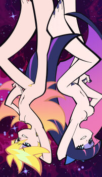 2girls absurdres anime_screenshot arm_up blonde_hair blue_eyes breasts colored_inner_hair completely_nude eyeshadow gradient_hair highres long_hair looking_at_viewer makeup medium_breasts multicolored_hair multiple_girls nail_polish navel nipples nude panty_&amp;_stocking_with_garterbelt panty_(psg) pink_hair pubic_hair purple_hair purple_nails purple_toenails red_nails seductive_gaze seductive_smile siblings sisters small_breasts smile stitched stocking_(psg) stomach thighs third-party_edit toenail_polish toenails two-tone_hair very_long_hair