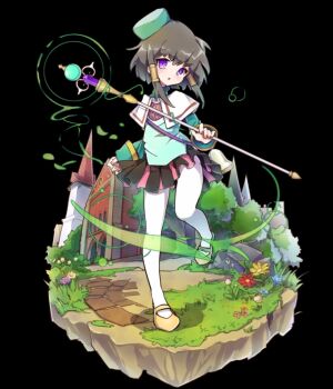 :o bell black_background black_skirt blush brown_hair building cape detached_sleeves fiiria_(merc_storia) flower full_body green_hat green_shirt hat highres holding holding_staff mary_janes merc_storia merc_storia_art_team miniskirt official_art pantyhose pleated_skirt purple_eyes shirt shoes simple_background skirt solo staff standing standing_on_one_leg tachi-e tree turtleneck white_cape white_pantyhose yellow_shoes