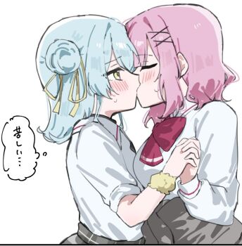 Rule 34 | 2girls, amaori renako, ashigaya high school uniform, blue hair, blush, bow, bowtie, closed eyes, clothes around waist, grey sweater, hair bun, holding hands, interlocked fingers, kiss, koyanagi kaho, medium hair, mesugakisaikou, multiple girls, pink hair, red bow, red bowtie, school uniform, shirt, simple background, single side bun, speech bubble, sweater, sweater around waist, thought bubble, translation request, watashi ga koibito ni nareru wake naijan murimuri!, white background, white shirt, yellow eyes, yuri