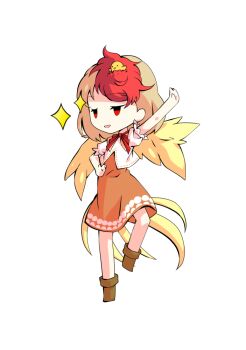 1girl animal animal_on_head baby_animal bird bird_tail blonde_hair boots brown_boots chibi chibi_only chick commentary_request dairi dress feathered_wings full_body large_variant_set multicolored_hair neckerchief niwatari_kutaka on_head orange_dress puffy_short_sleeves puffy_sleeves red_hair red_neckerchief shirt short_hair short_sleeves solo standing standing_on_one_leg tachi-e tail touhou transparent_background two-tone_hair variant_set white_shirt wings