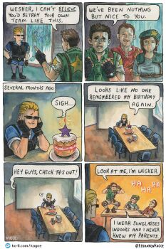 1girl 3boys absurdres albert_wesker artist_name barry_burton beret birthday_cake black_gloves blonde_hair blue_hat blue_shirt brown_hair cake chair chris_redfield commentary english_commentary fingerless_gloves food gloves hat highres jill_valentine laughing multiple_boys resident_evil resident_evil_1 rhiannon_kagoe shirt shoulder_pads sitting sunglasses table tyrant_(resident_evil)