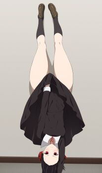 1girl black_dress black_hair black_socks blush breasts brown_footwear collared_dress coro_fae dress hair_ribbon handstand highres kaguya-sama_wa_kokurasetai_~tensai-tachi_no_renai_zunousen~ kneehighs long_sleeves looking_at_viewer lycoris_challenge_(meme) lycoris_recoil medium_breasts meme bowtie parody pleated_dress red_eyes red_ribbon ribbon scene_reference school_uniform shinomiya_kaguya short_hair shuuchiin_academy_school_uniform socks thick_thighs thighs upside-down