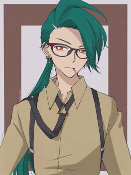 1girl black_necktie brown_shirt cigarette closed_mouth collared_shirt commentary_request earrings green_hair highres jewelry long_hair looking_at_viewer necktie necktie_on_shoulder nintendo pokemon pokemon_sv red_eyes rika_(pokemon) saai127_2 shirt solo twitter_username upper_body