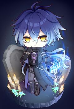 1boy antenna_hair black_boots black_coat black_gloves blue_hair boots candle chain chibi chibi_only closed_mouth coat collared_coat commentary_request flins_(genshin_impact) full_body genshin_impact gloves gradient_hair grey_pants hair_between_eyes high_collar holding holding_lantern lantern long_hair long_sleeves looking_at_viewer male_focus multicolored_hair no_pupils pants smile solo standing tombstone yellow_eyes yukiyuki_441