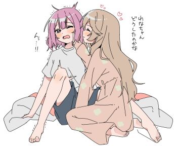 Rule 34 | 2girls, amaori renako, barefoot, black shorts, blunt bangs, blush, brown hair, closed mouth, commentary request, dot nose, double-parted bangs, dress, full body, haru (konomi 150), heart, highres, long hair, long sleeves, multiple girls, one eye closed, open mouth, orange dress, purple eyes, purple hair, sena ajisai, shirt, short hair, short sleeves, shorts, simple background, sitting, translation request, trembling, watashi ga koibito ni nareru wake naijan murimuri!, white background, white shirt, yuri