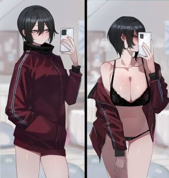 1girl absurdres black_bra black_hair black_panties blush bra breasts cellphone closed_mouth commentary cowboy_shot ear_blush earclip earrings gluteal_fold green_eyes hand_in_pocket highres holding holding_phone jacket jewelry lingerie long_sleeves multiple_views navel no_pants off_shoulder open_clothes open_jacket original panties phone ratatatat74 red_jacket revision selfie short_hair smartphone split_screen standing sweat symbol-only_commentary thighs track_jacket turning_head underwear