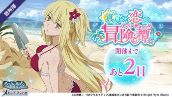 1girl aiz_wallenstein anime_coloring bare_shoulders beach bikini blonde_hair breasts copyright_name copyright_notice danmachi_memoria_freese dungeon_ni_deai_wo_motomeru_no_wa_machigatteiru_darou_ka flower from_side hair_flower hair_ornament hand_up holding_trowel lace lace-trimmed_bikini lace_trim long_hair looking_at_viewer looking_to_the_side medium_breasts ocean official_alternate_costume official_alternate_hairstyle official_art one_side_up parted_lips red_bikini red_flower second-party_source sideboob sidelocks sitting solo swimsuit trowel white_flower yellow_eyes