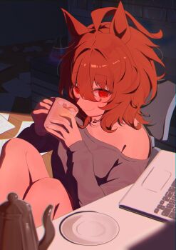 1girl absurdres agnes_tachyon_(umamusume) ahoge animal_ears blue_sweater blush book book_stack breasts chair closed_mouth collarbone commentary computer cup highres holding holding_cup holding_teapot horse_ears horse_girl knees_up laptop long_sleeves medium_hair nanaken_(qijian23092715) paper red_eyes saucer single_bare_shoulder sitting smile solo sugar_cube sweater swivel_chair tea teapot umamusume wooden_floor