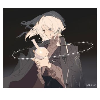 1girl black_coat black_vest blue_eyes coat coat_on_shoulders collared_coat dark_background dated expressionless fake_photograph faust_(project_moon) flask hashtag-only_commentary highres holding holding_flask limbus_company long_sleeves medium_hair note_nii parted_lips polaroid_photo project_moon ribbed_sweater round-bottom_flask solo sweater turtleneck turtleneck_sweater upper_body vest white_hair