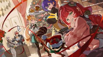 2boys 3girls alice_thymefield anger_vein animal_ears belle_(delicate_sunlight)_(zenless_zone_zero) belle_(zenless_zone_zero) black_gloves black_pantyhose blonde_hair blue_hair christmas commentary daymera earrings english_commentary fingerless_gloves gloves hair_between_eyes heterochromia jewelry kamanosuke_(zenless_zone_zero) komano_manato long_hair looking_at_viewer low_twintails multiple_boys multiple_girls pantyhose rabbit_ears rabbit_girl raccoon red_hair second-party_source shirt short_hair smile twintails ukinami_yuzuha white_shirt wise_(soaring_crane)_(zenless_zone_zero) wise_(zenless_zone_zero) zenless_zone_zero