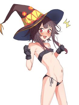 1girl ^^^ absurdres bikini black_gloves blunt_bangs blush brown_hair brown_hat clothing_request commentary_request from_side gloves hands_up hat highres kono_subarashii_sekai_ni_shukufuku_wo! loli looking_at_viewer megumin navel open_mouth red_eyes short_hair_with_long_locks showtime775 side-tie_bikini_bottom skinny solo standing stomach sweatdrop swimsuit teeth upper_teeth_only witch_hat