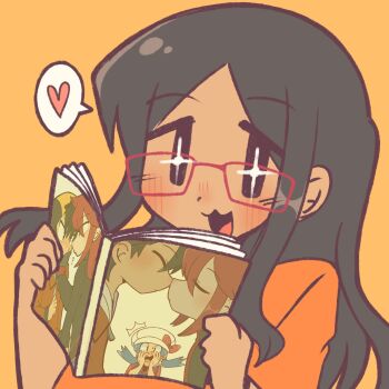 1girl artist_self-insert black_hair book ethan_(pokemon) glasses heart highres holding holding_book imminent_kiss kris_(pokemon) long_hair nintendo open_mouth original pokemon pokemon_adventures red-framed_eyewear sidelocks silver_(pokemon) sofo_soup speech_bubble upper_body