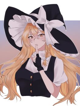 1girl artist_name black_gloves black_hat black_vest blonde_hair bow braid breasts finger_to_mouth fingerless_gloves gloves hair_bow hand_up hat hat_bow highres kirisame_marisa long_hair medium_breasts puffy_short_sleeves puffy_sleeves remonedo_(user_mxej3824) shirt short_sleeves shushing side_braid simple_background single_braid solo touhou very_long_hair vest white_bow white_shirt witch_hat yellow_eyes