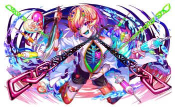 animal_ornament aqua_tongue artist_request asymmetrical_legwear belt belt_buckle belted_coat black_shirt black_thighhighs blue_bow blue_nails blue_sclera bone bow broken_heart buckle cat_ornament cel_shading chain chain_around_neck character_request coat collarbone colored_sclera colored_teeth crash_fever drooling earrings fingernails flower_earrings full_body game_cg gloves green_eyes green_teeth hair_bow hair_ornament hairclip heart heart_(organ) heart_earrings heart_hair_ornament heart_ornament heterochromia holding holding_knife jewelry knife lab_coat medicine mismatched_legwear mouth_drool multicolored_hair nail_polish no_shirt no_shoes number_print numbered official_art open_clothes open_coat orange_hair orange_teeth outline pale_skin partially_fingerless_gloves pill pink_eyes pink_hair purple_belt red_gloves red_outline red_teeth red_thighhighs ribs shirt short_hair single_bare_shoulder solo square square_print streaked_hair syringe tachi-e thigh_strap thighhighs third-party_source three-quarter_sleeves toes torn_clothes torn_coat torn_sleeves torn_thighhighs transparent_background two-sided_coat two-sided_fabric white_coat yellow_teeth zipper