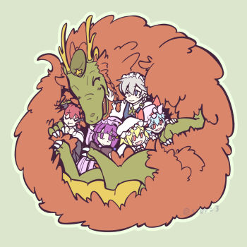 Rule 34 | blonde hair, blue eyes, blue hair, book, bow, braid, closed eyes, commentary request, crescent, crescent hat ornament, dragon, dragon horns, dress, eastern dragon, embodiment of scarlet devil, flandre scarlet, green bow, grey hair, hair bow, hat, hat ornament, hat ribbon, head wings, hong meiling, hong meiling (dragon), horns, inu ashi (inu koro), izayoi sakuya, koakuma, long hair, maid, maid headdress, mob cap, multiple girls, patchouli knowledge, purple eyes, purple hair, red eyes, red hair, remilia scarlet, ribbon, scarlet devil mansion, short hair, smile, star (symbol), star hat ornament, striped clothes, striped dress, touhou, twin braids, vertical-striped clothes, vertical-striped dress, wings