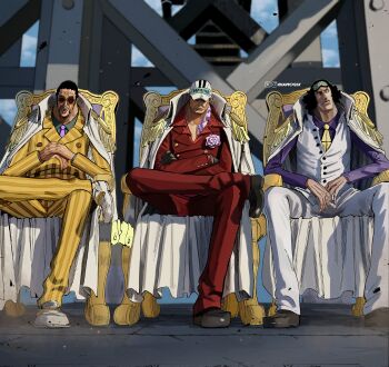 3boys absurdres aokiji_(one_piece) black_hair coat coat_on_shoulders crossed_arms epaulettes facial_hair facing_viewer formal_clothes frown full_body hashtag-only_commentary highres iamosix2 kizaru_(one_piece) leg_lift male_focus mature_male multiple_boys mustache_stubble necktie one_piece orange-tinted_eyewear sakazuki_(one_piece) scene_reference short_hair sitting stubble suit sunglasses throne tinted_eyewear