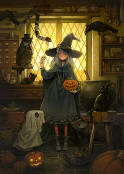 1girl absurdly_detailed_composition absurdres bandaged_torso basket bird black_cat black_hat book bookshelf boots bow bowler_hat bowtie bucket candle cape cat cauldron choker commentary cookie crow desk dress english_commentary fake_horns food ghost_costume green_boots green_cape green_dress hairband halloween_bucket hat highres holding holding_bucket holding_cookie holding_food horn_hairband horns indoors jack-o'-lantern jar loaded_interior long_hair mortar_(bowl) mouse_(animal) mummy_costume original owl pantyhose pestle pig pumpkin red_bow red_bowtie red_pantyhose snake solo standing stone_floor stool top_hat tortoise turtle wavy_hair white_hair window witch_hat yoshida_seiji