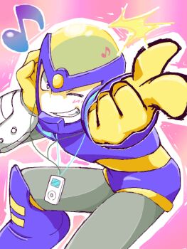 1boy arms_up commentary_request mp3_player earbuds earphones flash_man foot_out_of_frame grin hand_on_own_face hapisani humanoid_robot looking_at_viewer mega_man_(classic) mega_man_(series) mega_man_2 musical_note one_eye_closed outstretched_arm pink_background pointing pointing_at_viewer robot smile teeth