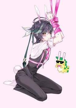 1boy ahoge ajaw_(genshin_impact) animal_ears bdsm black_hair black_pants black_vest bondage bound bound_wrists chest_harness closed_mouth commentary crossed_bangs earrings english_commentary genshin_impact green_hair green_headband hair_between_eyes hair_ornament harness headband highres jewelry k2injji kinich_(genshin_impact) lapels looking_at_viewer male_focus mark_under_eye medium_hair multicolored_hair necktie pants pink_background pink_necktie pink_ribbon rabbit_ears rabbit_hole_(vocaloid) rabbit_tail ribbon seiza short_sleeves simple_background sitting socks streaked_hair tail tattoo teardrop_facial_mark vest white_socks x_hair_ornament