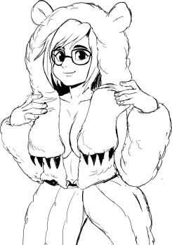 animal_ears animal_skin bear_claws bear_ears breasts cleavage coat curvy fur_coat glasses highres large_breasts looking_at_viewer mei-ling_zhou mei_(overwatch) overwatch sketch teevo