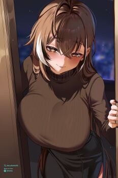 1girl ahoge alternate_breast_size_(larger) black_skirt black_streaks breasts brown_eyes brown_hair closed_mouth commentary crossed_bangs door double-parted_bangs hair_between_eyes hashtag-only_commentary heart heart-shaped_pupils highres hololive hololive_english huge_breasts long_hair long_sleeves looking_at_viewer nanashi_mumei night oioi_ainomo ribbed_sweater side_slit skirt solo sweater sweater_tucked_in symbol-shaped_pupils turtleneck turtleneck_sweater very_long_hair virtual_youtuber white_streaks