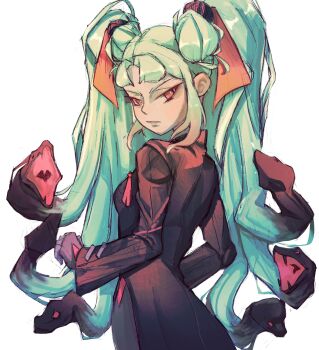 Rule 34 | 1girl, absurdly long hair, absurdres, aqua hair, bad source, hatsune miku, highres, illustrythan, long hair, looking at viewer, red eyes, snake, snake hair, solo, twintails, very long hair, vocaloid