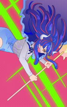 1girl blue_cape blue_hair blue_skirt cape commentary holding holding_weapon horns long_hair mask mouth_mask multicolored_hair one_piece pink_background pink_eyes pink_hair raine_(acke2445) shirt shirt_tucked_in skirt solo streaked_hair symbol-only_commentary ulti_(one_piece) weapon white_horns white_shirt