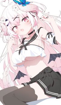 Rule 34 | 1girl, absurdres, ahoge, bat wings, black choker, black nails, black sailor collar, black skirt, black thighhighs, breasts, butterfly hair ornament, choker, commentary request, commission, crop top, cross, crossed bangs, detached wings, dragon girl, dragon horns, dragon tail, dutch angle, fang, flower, gradient hair, hair flower, hair ornament, hairclip, hands up, heart, heart ahoge, highres, horns, large breasts, latin cross, light blush, long hair, looking at viewer, midriff, multicolored hair, navel, open mouth, original, pink eyes, pink hair, pleated skirt, sailor collar, simple background, sitting, skeb commission, skin fang, skirt, smile, solo, symbol-shaped pupils, tail, thighhighs, two side up, underboob, urotsuki (ku9625), very long hair, white background, white hair, wings, x-shaped pupils, x hair ornament