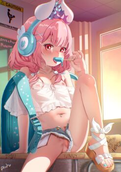 1girl andro_gs animal_ears aqua_nails backpack bag bare_shoulders blue_nails blue_shorts blush bow braid breasts censored classroom cleft_of_venus clothing_aside collarbone crop_top denim denim_shorts desk eating fake_animal_ears feet flat_chest food foot_out_of_frame grey_shorts hair_bow hair_ornament hairclip headphones holding holding_food holding_popsicle indie_virtual_youtuber indoors knee_up legs loli long_hair looking_at_viewer low_twin_braids low_twintails micro_shorts midriff mosaic_censoring nail_polish navel navel_piercing nipples no_panties off-shoulder_shirt off_shoulder on_desk open_fly open_mouth piercing pink_hair popsicle pussy pussy_peek rabbit_ears randoseru red_eyes ribbon sandals school_desk see-through_clothes see-through_shirt shirt short_shorts shorts signature sitting small_breasts solo spread_legs stomach sunset thighs toenail_polish toenails toes tongue tongue_out twin_braids twintails unbuttoned virtual_youtuber white_ribbon white_shirt x_hair_ornament yanagi_mimi yellow_nails
