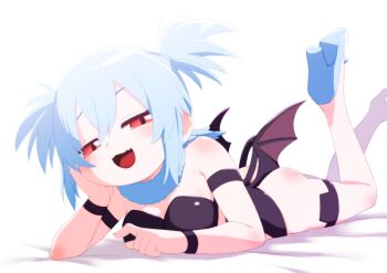 1girl blue_hair breasts commentary_request commission demon_girl demon_wings fang high_heels looking_at_viewer lying miyasaka_takaji on_stomach original paid_reward_available red_eyes scarf skeb_commission small_breasts smile smug solo wings