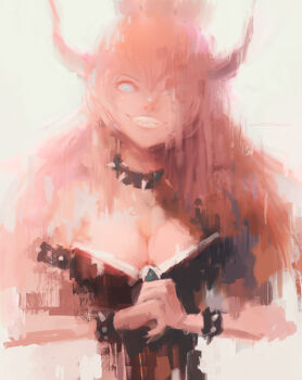 1girl alex_chow armlet bare_shoulders black_dress blue_eyes bowsette bracelet breasts collar crown dress female_focus green_background horns jewelry large_breasts mario_(series) new_super_mario_bros._u_deluxe nintendo pink_hair sharp_teeth simple_background solo spiked_bracelet spiked_collar spikes strapless strapless_dress super_crown teeth upper_body