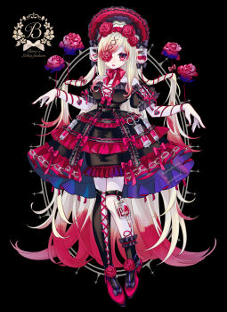 1girl absurdly_long_hair absurdres ambiguous_red_liquid bare_shoulders black_background black_dress black_socks black_thighhighs blood blood_bag bow bowtie breasts commentary crinoline dress fingernails flower frilled_dress frilled_headwear frills full_body gothic_lolita gradient_hair hair_flower hair_ornament hair_over_one_eye hairband highres lace-up_thighhighs large_breasts lolita_fashion lolita_hairband long_fingernails long_hair looking_at_viewer mii_(ff96zgrckhox) multicolored_hair original puffy_short_sleeves puffy_sleeves red_bow red_dress red_eyes red_flower red_hair red_lips red_nails red_ribbon red_shoes ribbon rose shoes short_sleeves skirt socks symbol-only_commentary syringe syringe_holster thigh_strap thighhighs two-tone_dress very_long_hair watermark