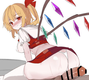 Rule 34 | 1girl, areola slip, ass, bar censor, bikini, blonde hair, breasts, censored, crystal wings, flandre scarlet, girl on top, grinding, hair ribbon, kamukamu (ars), large breasts, looking at viewer, one side up, penis, red eyes, red ribbon, red skirt, ribbon, short sleeves, simple background, skirt, solo focus, swimsuit, touhou, white background, white bikini, wings