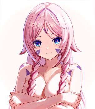 1girl blue_eyes braid breasts citlali_(genshin_impact) convenient_censoring crossed_arms facial_mark forehead_mark genshin_impact hair_censor hair_over_breasts highres long_hair looking_at_viewer medium_breasts nude pink_hair pink_pupils shoulder_tattoo simple_background solo tattoo twin_braids upper_body very_long_hair white_background yoi_(a27963244)