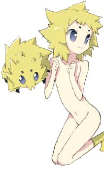1other blonde_hair clenched_hands closed_mouth collarbone commentary_request creature_and_personification gen_5_pokemon grey_eyes hands_up joltik looking_back medium_hair nakamura_sandayo navel nintendo nude personification pokemon simple_background smile socks white_background yellow_legwear