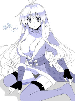 1girl breasts cleavage collar commentary_request dress fingerless_gloves full_body fur-trimmed_dress fur_trim garter_straps gloves greyscale juliet_sleeves large_breasts long_hair long_sleeves looking_at_viewer masaya_ichika monochrome panties puffy_sleeves ragnarok_masters ragnarok_online shadow_chaser_(ragnarok_online) simple_background sitting solo spiked_collar spikes thighhighs underwear very_long_hair wariza