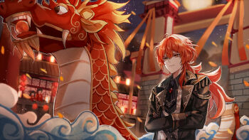 1boy aguaaaaaa aiguillette architecture black_coat black_gloves black_necktie black_shirt brooch chinese_commentary closed_mouth coat collared_shirt confetti crossed_arms diluc_(genshin_impact) dragon dragon_boat_festival east_asian_architecture eastern_dragon epaulettes full_moon genshin_impact gloves hair_between_eyes highres jewelry lantern light_particles light_smile long_hair long_sleeves looking_ahead low_ponytail male_focus model moon necktie open_clothes open_coat outdoors paper_lantern parade people ponytail red_eyes red_hair shirt single_sidelock sky sleeve_cuffs star_(sky) starry_sky upper_body vest white_vest