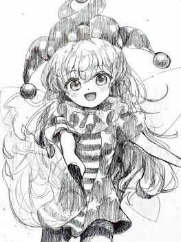 1girl :d american_flag_dress ballpoint_pen_(medium) blush clownpiece cowboy_shot fairy_wings fire foreshortening greyscale hat highres holding holding_torch jester_cap long_hair looking_at_viewer monochrome neck_ruff nene_man open_mouth pantyhose pen_(medium) polka_dot_headwear short_sleeves sketch smile solo standing star_(symbol) torch touhou traditional_media wings