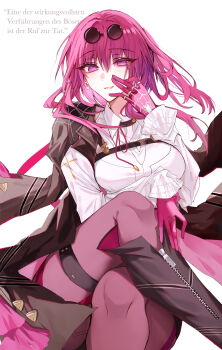 1girl black_boots black_jacket boots breasts chest_harness collared_shirt commentary_request crossed_legs earrings eyewear_on_head feet_out_of_frame german_text glasses gloves hand_on_own_face harness highres honkai:_star_rail honkai_(series) jacket jacket_on_shoulders jewelry kafka_(honkai:_star_rail) kinona knee_boots large_breasts long_hair long_sleeves looking_at_viewer no_pupils pantyhose parted_lips pince-nez purple_eyes purple_gloves purple_hair purple_pantyhose shirt simple_background smile solo spider_web_print sunglasses translation_request white_shirt
