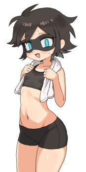 1girl :d batrobin_k bike_shorts black_hair black_shorts black_sports_bra blue_eyes blush breasts collarbone cowboy_shot fang groin highres loli looking_at_viewer mask midriff navel open_mouth original robin_(batrobin_k) short_hair shorts simple_background small_breasts smile solo sports_bra standing sweat towel towel_around_neck white_background