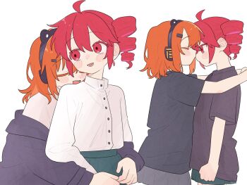 2girls a.i._voice adachi_rei black_shirt closed_eyes collared_shirt commentary drill_hair green_skirt grey_skirt hashtag-only_commentary headphones highres hug kasane_teto kiss kissing_nose komori_kamome multiple_girls open_mouth orange_hair pleated_skirt red_eyes red_hair shirt short_hair simple_background skirt smile twin_drills utau white_background white_shirt yuri