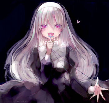 1girl black_background blush church cross dress eyes_visible_through_hair fang habit hair_between_eyes hair_over_eyes heart highres holding holding_string long_hair long_sleeves looking_at_viewer nun open_mouth original pink_eyes silver_hair solo string traditional_nun twitter_username very_long_hair yukari_(rihenara_doll)