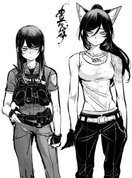 2girls animal_ear_fluff animal_ears breasts closed_mouth cowboy_shot fingerless_gloves gloves green_eyes greyscale highres jewelry kakult2017 ksp_(vtuber) long_hair looking_at_another medium_breasts meridian_project monochrome multiple_girls navel necklace pants ponytail purple_eyes seki_(vtuber) short_sleeves shoulder_tattoo sideways_glance simple_background spot_color standing tattoo virtual_youtuber white_background