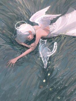 1girl absurdres angel angel_wings cat closed_eyes dress halo hidari_(nanmu-left) highres lying on_stomach original sleeveless sleeveless_dress solo traditional_halo white_dress white_hair white_wings wings
