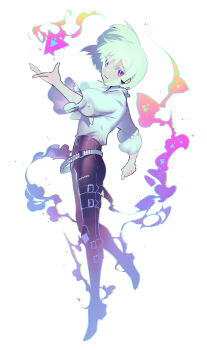 1boy androgynous ascot belt black_boots black_pants boots colored_eyelashes fire gapamopa green_hair highres leg_belt light_smile lio_fotia long_sleeves looking_at_viewer male_focus multiple_belts pants promare purple_eyes shirt shirt_tucked_in short_hair simple_background solo thigh_belt thigh_strap white_ascot white_background white_shirt
