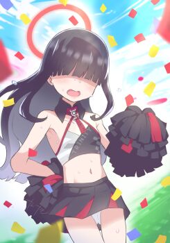 1girl black_hair blue_archive blue_sky blush cameltoe cheerleader confetti day female_focus hair_over_eyes halo halterneck highres justice_task_force_member_(blue_archive) loli long_hair midriff mugen_ribbon navel outdoors panties pom_pom_(cheerleading) skirt sky solo sweat thigh_gap underwear white_panties