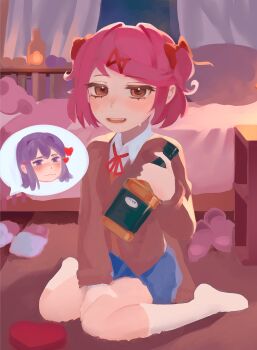 Rule 34 | 2girls, absurdres, alcohol, bed, bedroom, blush, bottle, closed mouth, disembodied head, doki doki literature club, doki doki literature club school uniform, full body, highres, holding, holding bottle, indoors, kneehighs, long hair, micmaqn, multiple girls, natsuki (doki doki literature club), open mouth, orange sweater, pink hair, purple hair, school uniform, short hair, sitting, slippers, socks, sweatdrop, sweater, teeth, upper teeth only, wariza, white socks, yuri (doki doki literature club)